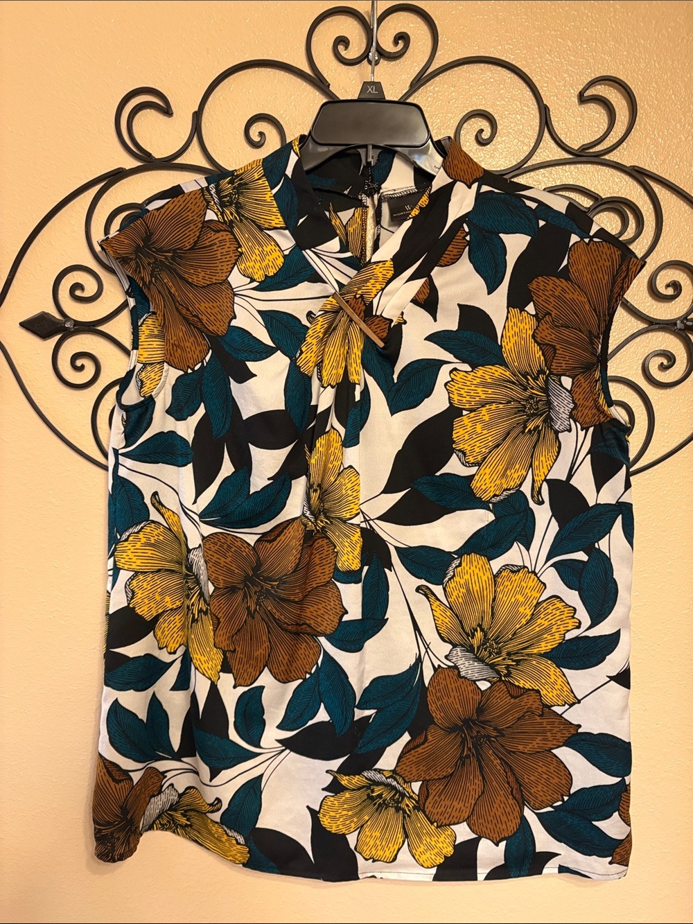 Worthington Teal Yellow Brown Floral Sleeveless Blouse